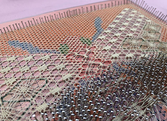 Bee bobbin lace project - close-up of the lace.