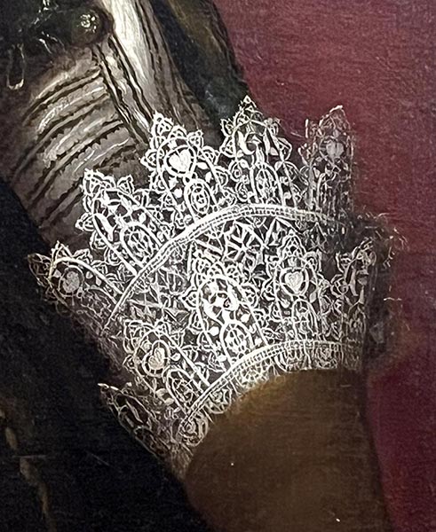 Portrait of Anne of Denmark closeup of lace on cuff.